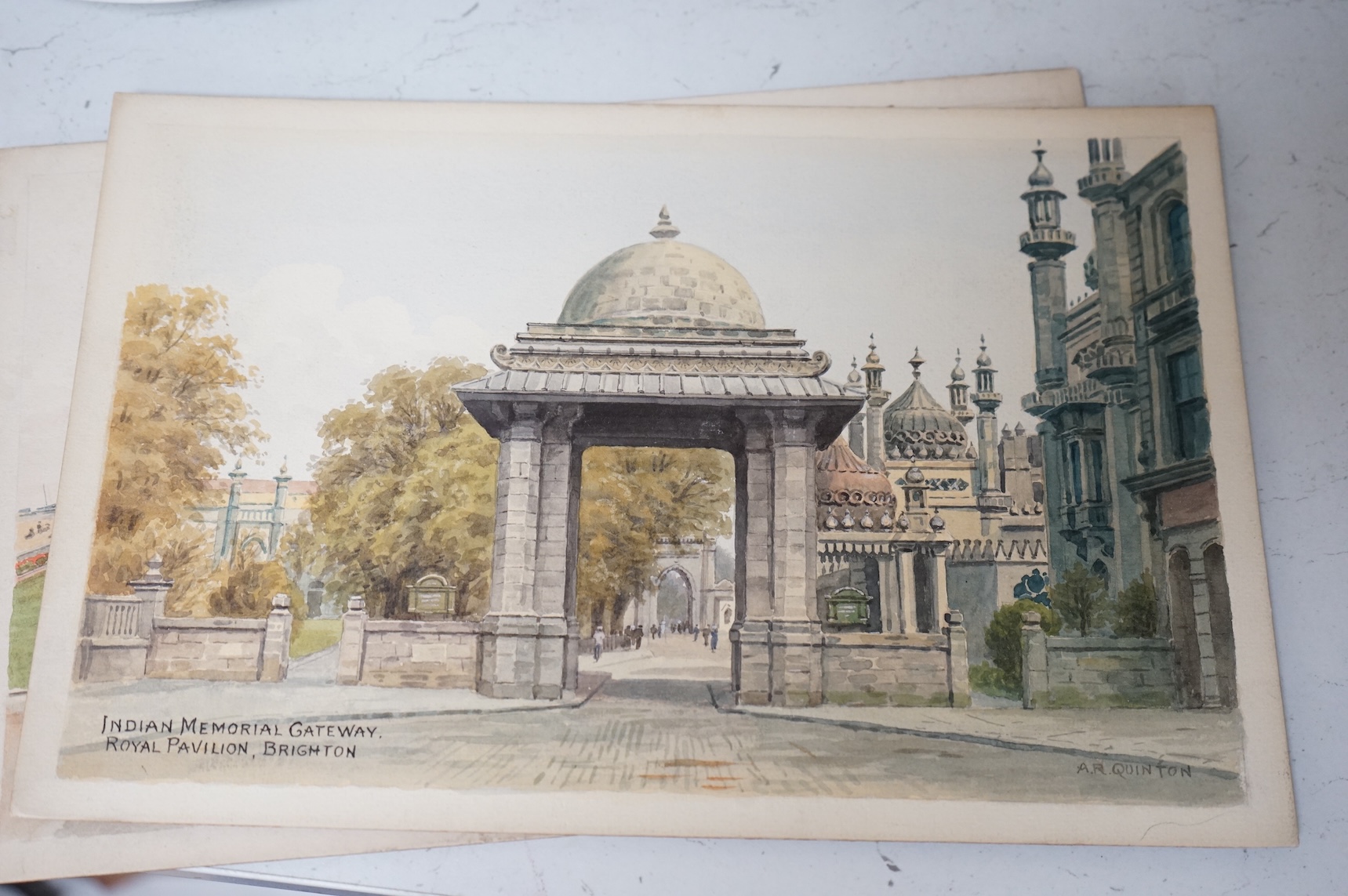 Alfred Robert Quinton (1853-1934), a set of four original watercolours for postcard designs, Brighton views to include ‘New Promenade Gardens’, ‘Kings Road from Queens Hotel and ‘Miniature Golf Course’, each monogrammed,